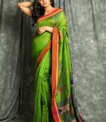 Green woven blended cotton saree with blouse