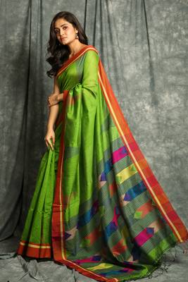 Green woven blended cotton saree with blouse 2