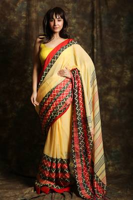 Light yellow woven organza saree with blouse 1