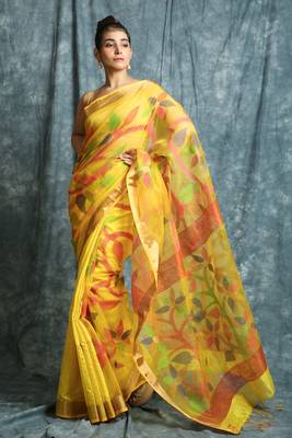 Yellow hand woven silk saree with blouse 1