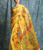 Yellow hand woven silk saree with blouse