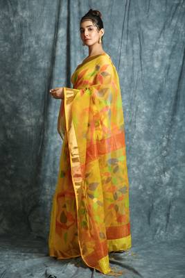 Yellow hand woven silk saree with blouse 2