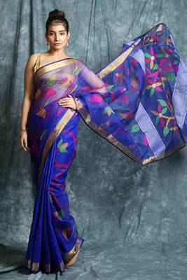 Blue hand woven silk saree with blouse 1