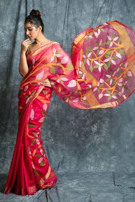 Hot pink hand woven silk saree with blouse 1