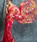 Hot pink hand woven silk saree with blouse