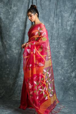 Hot pink hand woven silk saree with blouse 2