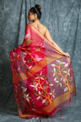 Hot pink hand woven silk saree with blouse 3