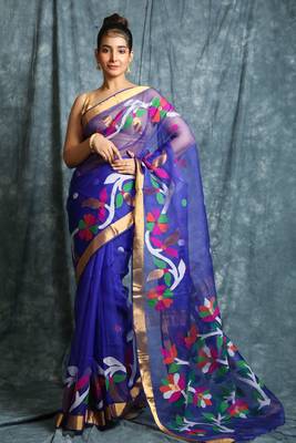 Navy blue hand woven silk saree with blouse 1