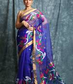 Navy blue hand woven silk saree with blouse