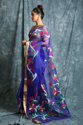 Navy blue hand woven silk saree with blouse 2