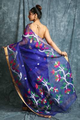 Navy blue hand woven silk saree with blouse 3