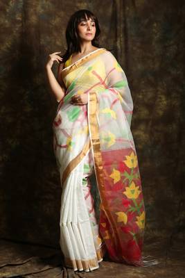White hand woven silk saree with blouse 1