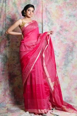 Pink woven blended cotton saree with blouse 1