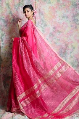 Pink woven blended cotton saree with blouse 2