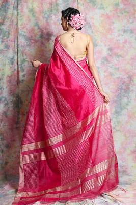 Pink woven blended cotton saree with blouse 3