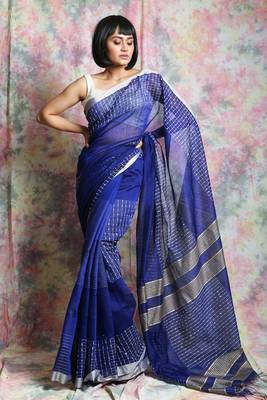 Blue woven blended cotton saree with blouse 1