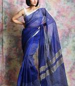 Blue woven blended cotton saree with blouse