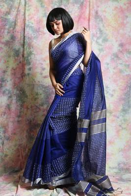 Blue woven blended cotton saree with blouse 2