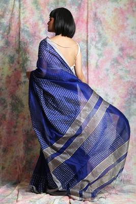 Blue woven blended cotton saree with blouse 3