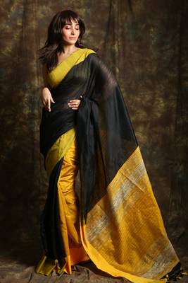 Black woven blended cotton saree with blouse 1