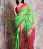 Green woven blended cotton saree with blouse
