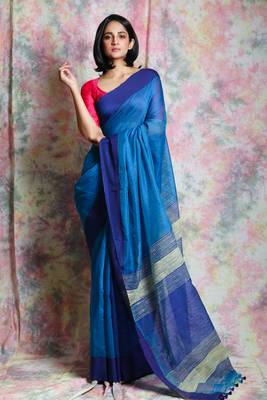 Blue woven blended cotton saree with blouse 1
