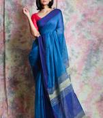 Blue woven blended cotton saree with blouse