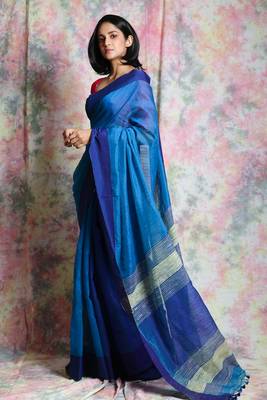 Blue woven blended cotton saree with blouse 2