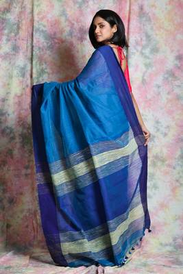 Blue woven blended cotton saree with blouse 3