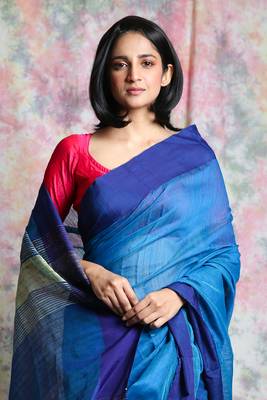 Blue woven blended cotton saree with blouse 4