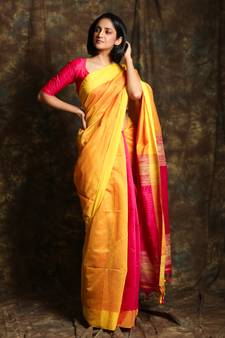 Yellow woven blended cotton saree with blouse