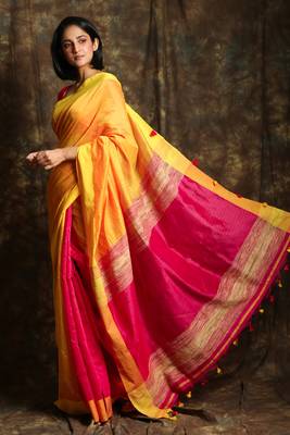 Yellow woven blended cotton saree with blouse 2