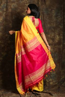 Yellow woven blended cotton saree with blouse 3