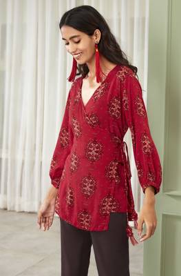 Janasya Maroon printed viscose rayon tunics 1