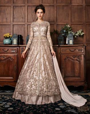 Cream Embroidered Net Lehenga Style Suits  1