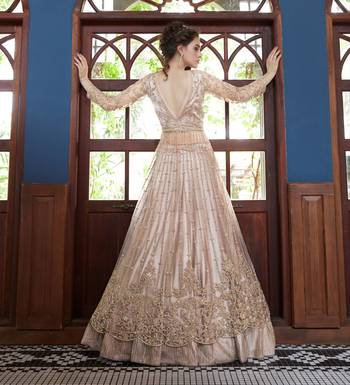 Cream Embroidered Net Lehenga Style Suits  3