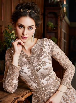 Cream Embroidered Net Lehenga Style Suits  4