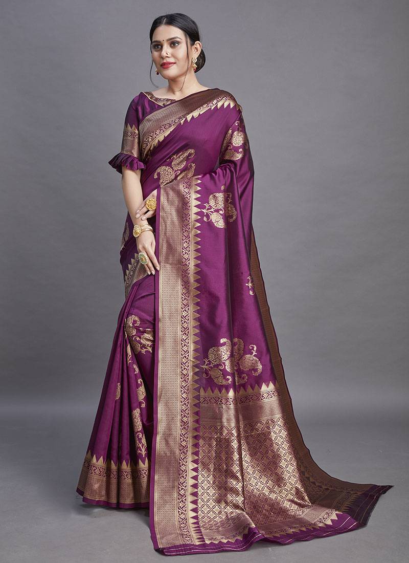 Face Deal Purple Color Banarasi Silk Woven Design Saree With Blouse Pices
