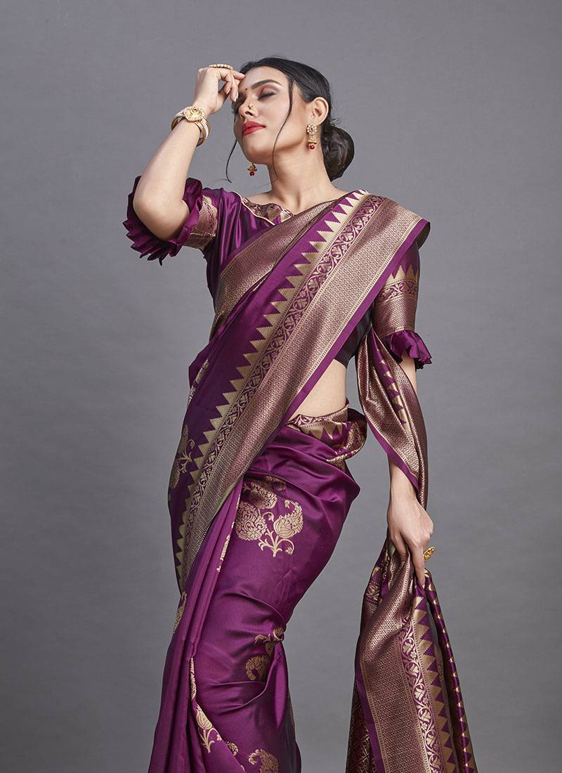Face Deal Purple Color Banarasi Silk Woven Design Saree With Blouse Pices