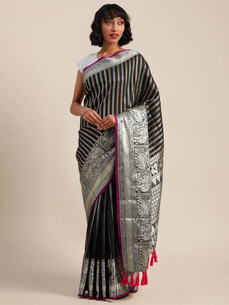 Black & Silver-Toned Silk Blend Striped Banarasi Saree