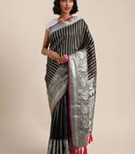 Black & Silver-Toned Silk Blend Striped Banarasi Saree