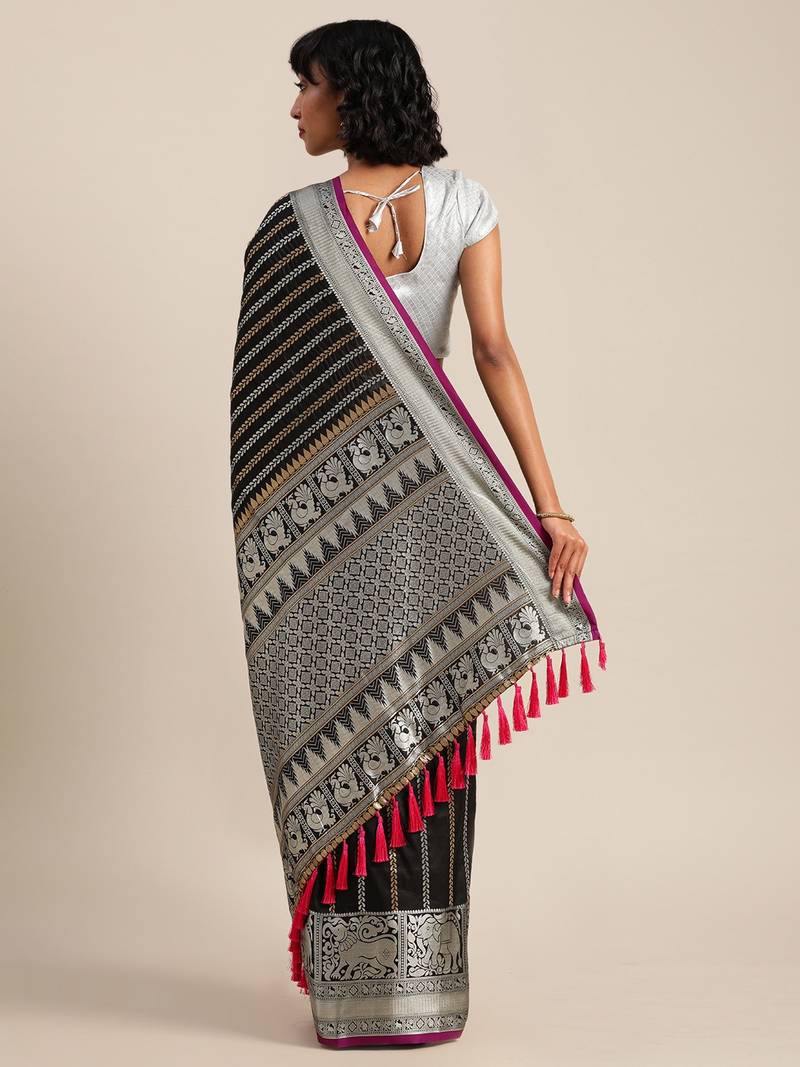 Black & Silver-Toned Silk Blend Striped Banarasi Saree