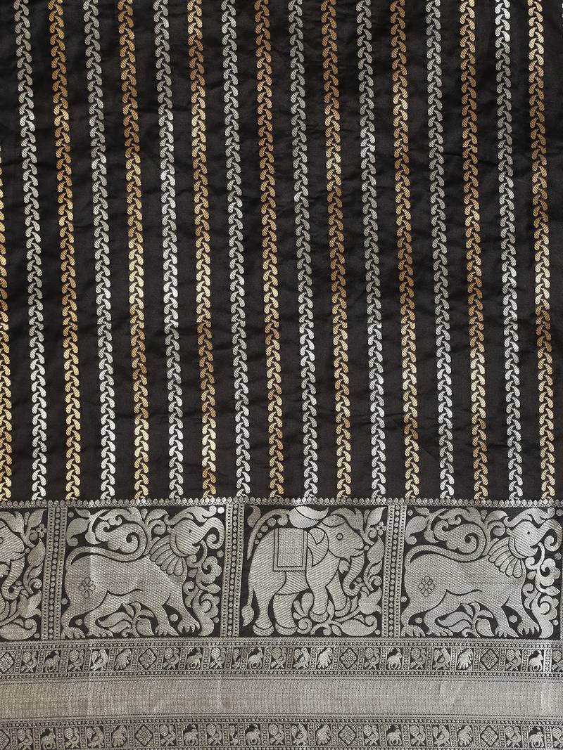 Black & Silver-Toned Silk Blend Striped Banarasi Saree