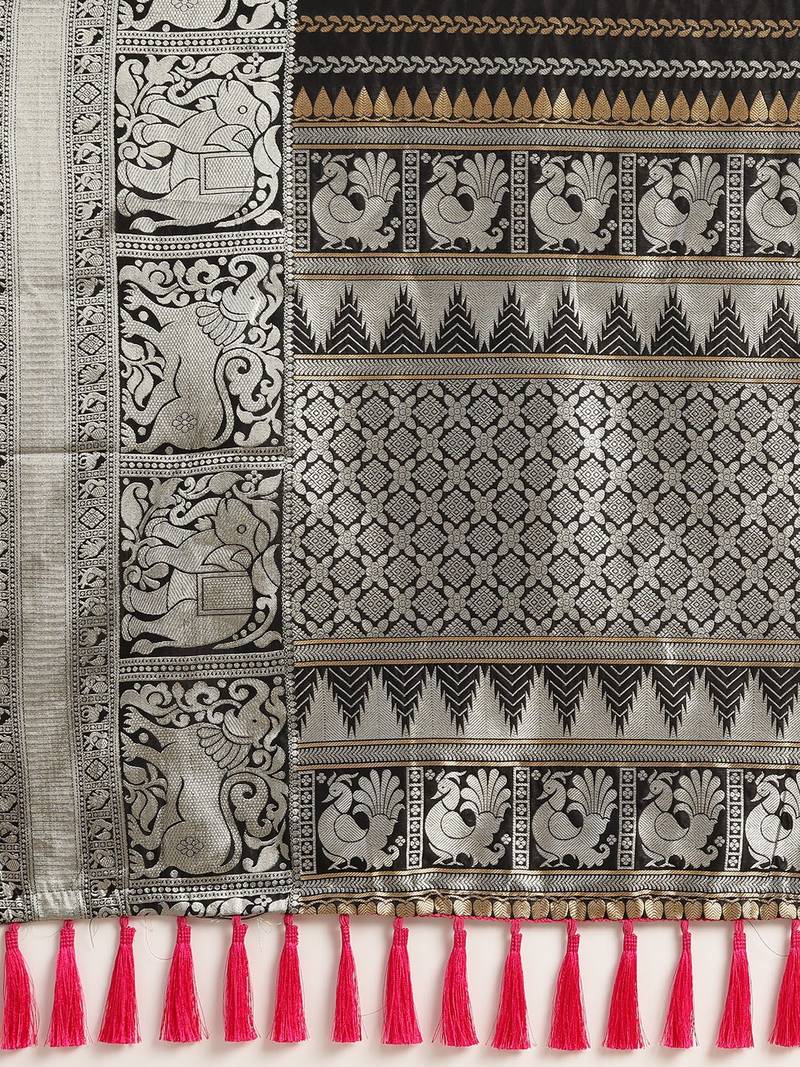 Black & Silver-Toned Silk Blend Striped Banarasi Saree