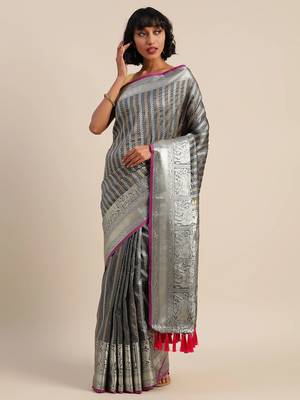 Grey & Silver-Toned Silk Blend Striped Banarasi Saree 1