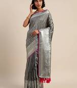 Grey & Silver-Toned Silk Blend Striped Banarasi Saree