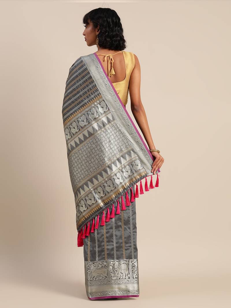 Grey & Silver-Toned Silk Blend Striped Banarasi Saree