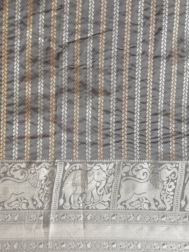 Grey & Silver-Toned Silk Blend Striped Banarasi Saree