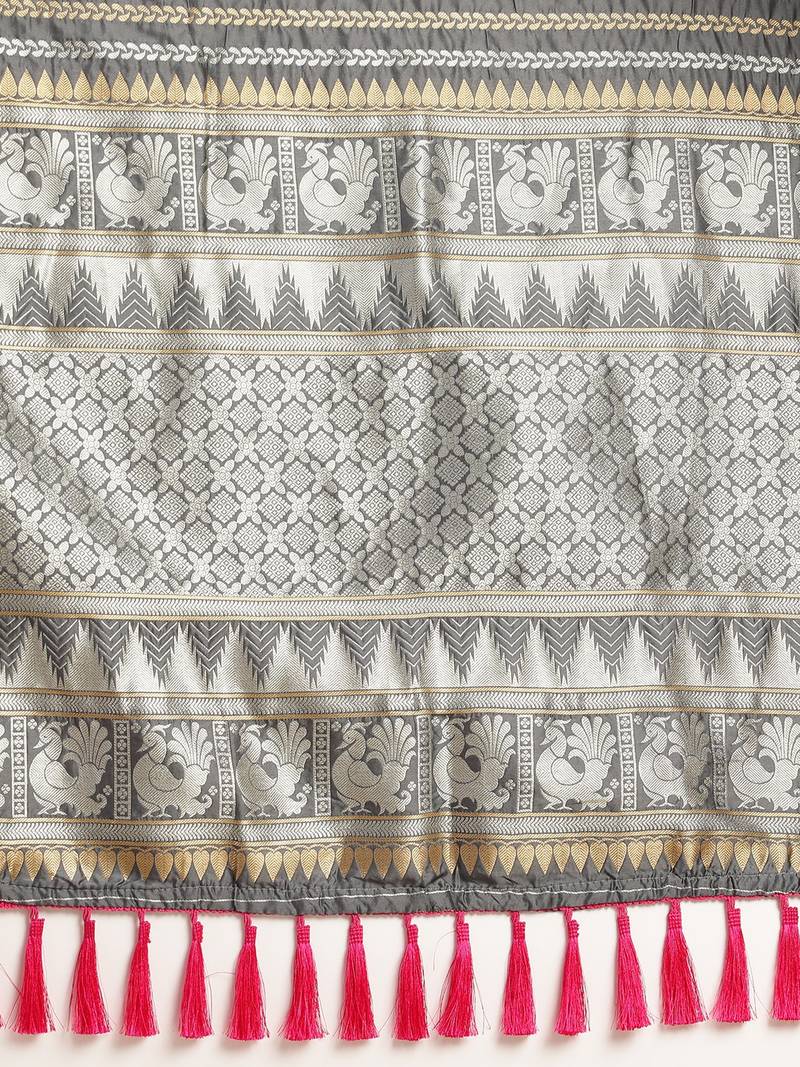 Grey & Silver-Toned Silk Blend Striped Banarasi Saree