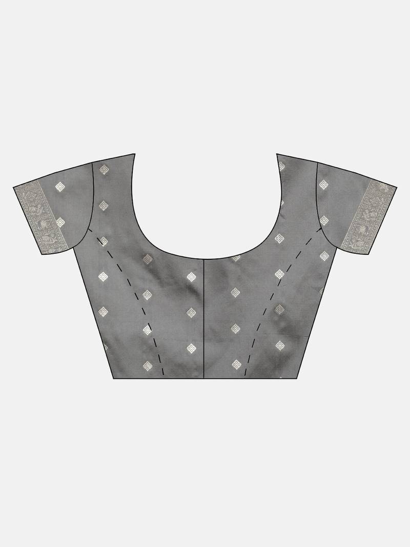 Grey & Silver-Toned Silk Blend Striped Banarasi Saree